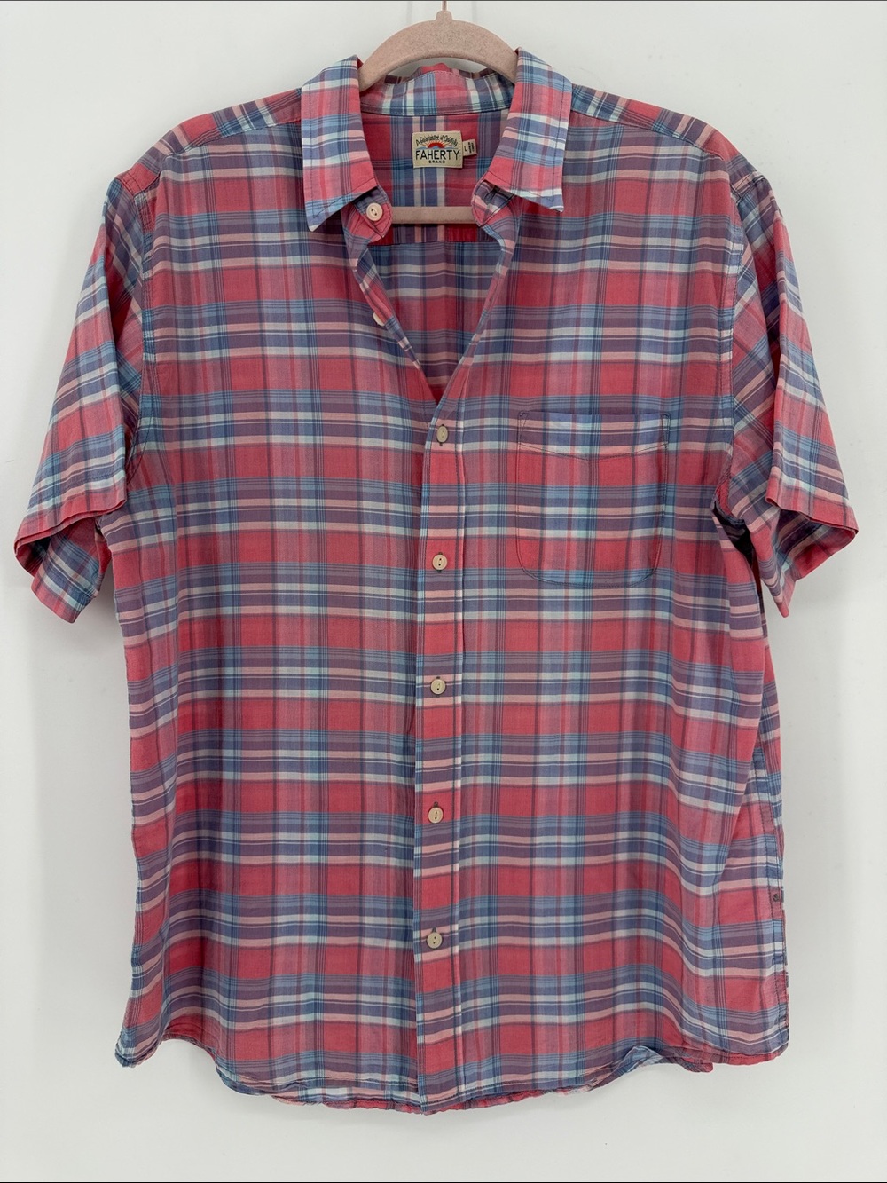 Faherty Brand Men’s Plaid Short Sleeve Button Down Shirt Large Cotton Linen